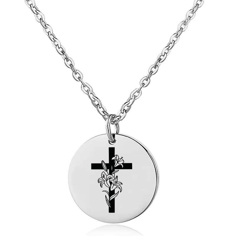Productafbeelding: voorkant van Kruis met bloemen ketting zilver stainless steel