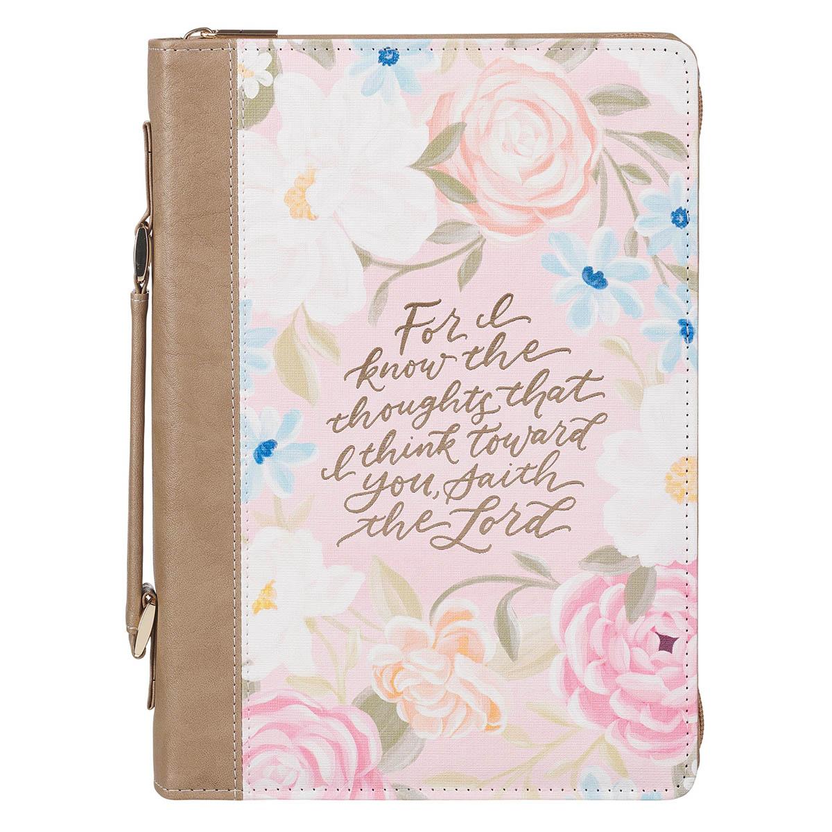Productafbeelding: voorkant van For I Know The Thoughts Jer. 29:11 Bible Cover Fashion Pink Floral