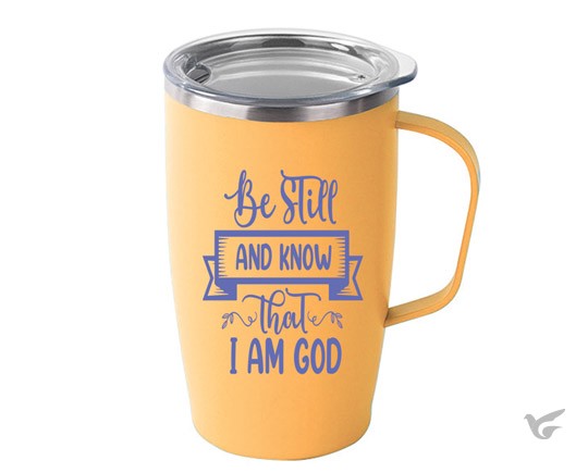 Productafbeelding: voorkant van Tumbler Mug Orange Be still and know