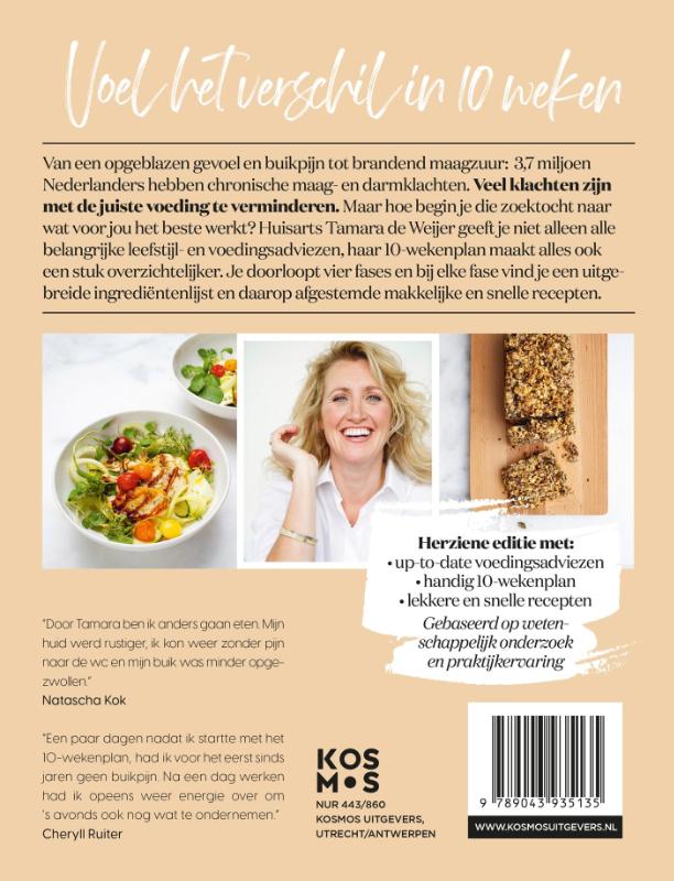 Productafbeelding: achterkant van Eet beter voor je maag en darmen met huisarts Tamara de Weijer