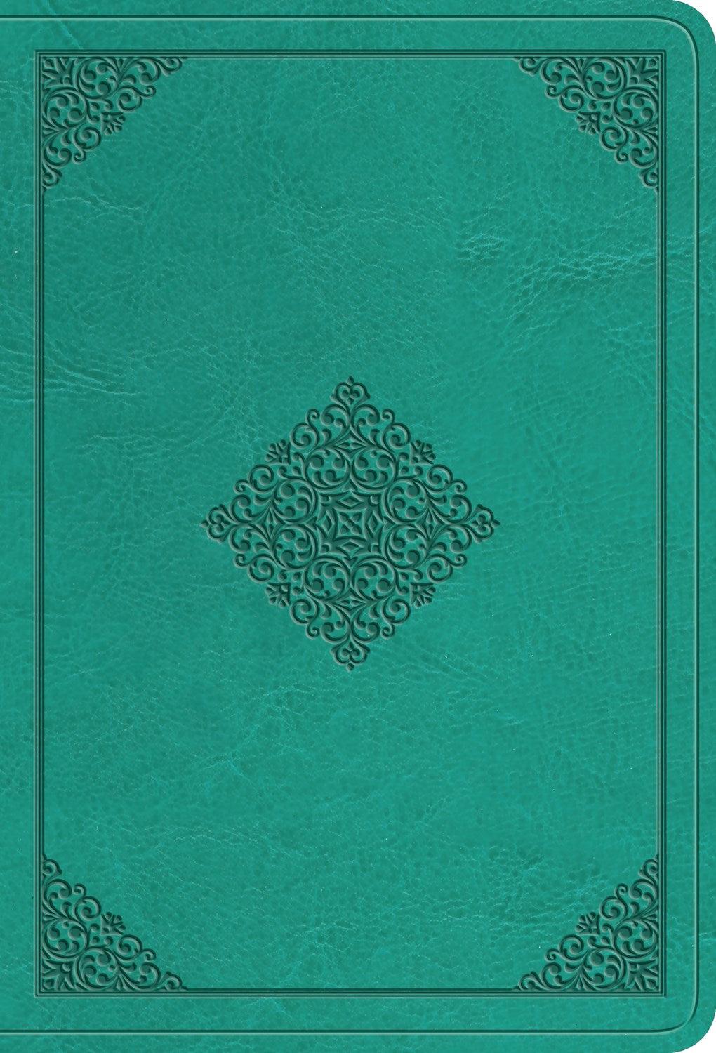 Productafbeelding: voorkant van ESV Value Large Print Compact Bible-Teal Ornament Design TruTone