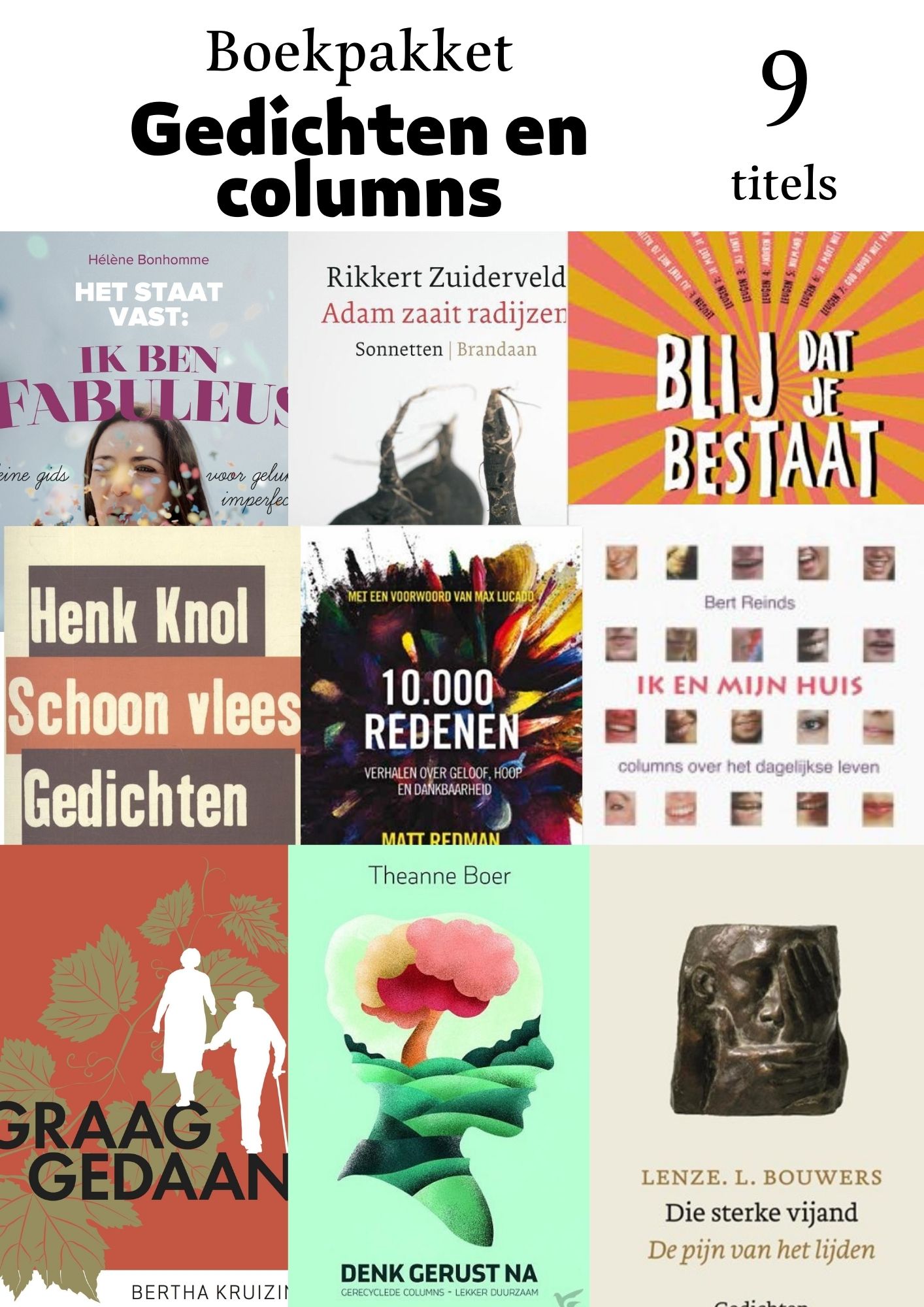 Productafbeelding: voorkant van BOEK-pakket GEDICHTEN & COLUMNS (9 titels)